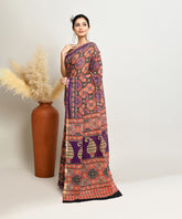 Purple Geometric Floral Pure Ajrakh Handblock Printed Sico Chanderi Saree